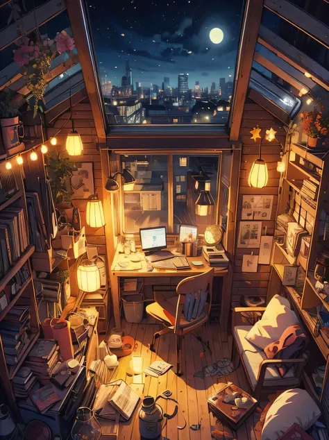 draw an animation of high fidelity hd comfortable room at night, on the rooftop, (warm light), many things, 2d anime style, 90s ...