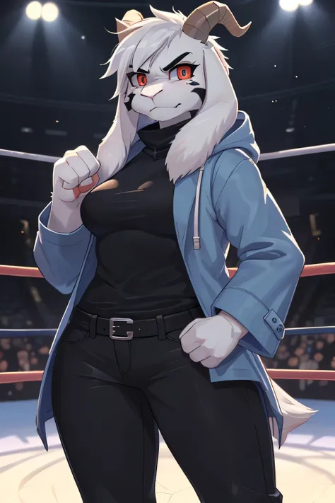 woman, young adult, alone, in an arena, hairy, goat, anthropomorphic goat, Asriel, Undertale ((Asriel Dreemurr)), average breasts, big ass, average hips, perfect body, tall, ((long hair, long white hair ), black eyes ((black sclerae), reddish pupils, ((sli...