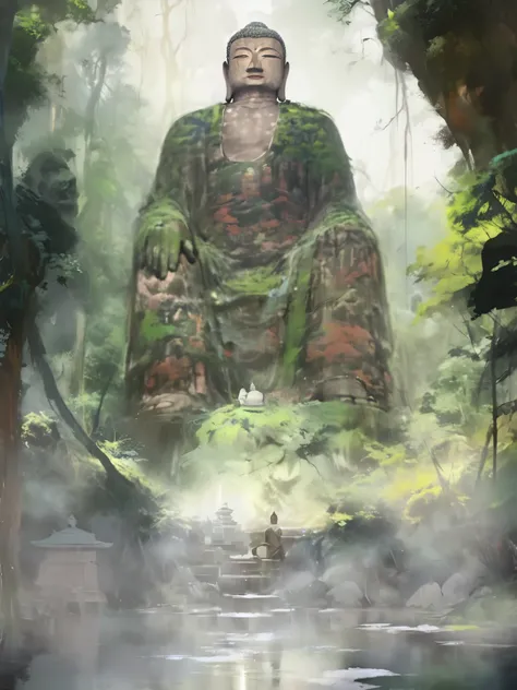 painting of buddha statue in the forest,digital painting, there is a buddha statue in the mysterious forest，leshan giant buddha，...