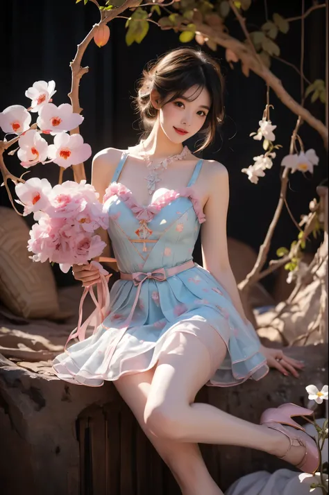 （Quality Improvement：1.4），1 Girl, Full breasts，Visible cleavage，Sexy long legs，The skirt is very short，She gently lifted her skirt with one hand,Surrounded by white Phalaenopsis orchids，Lilac dendrobium、White Lily, Flying petals，（Top quality leather), Deli...