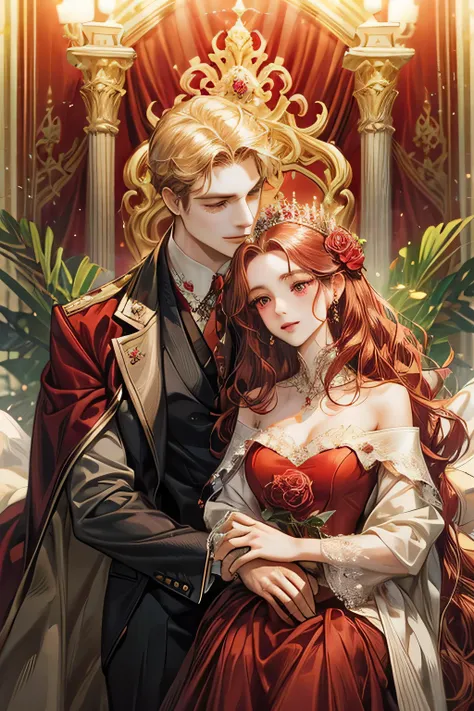 couple, royal style, red wine gown and suit, smile and charming, quiet but gentle, red attire suit, red eyes, royal palace, red wine wavy hair, red rose flower bloom, royal palace, masterpiece, detail, accurate