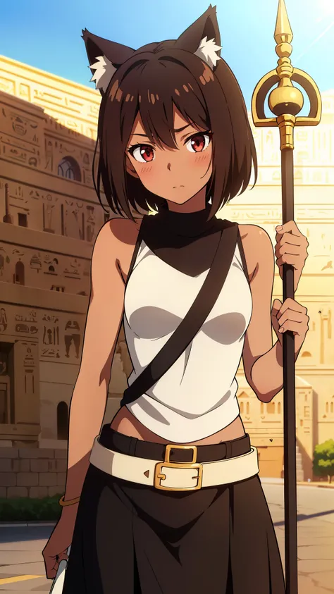 (1girl,18years old), black hair, short hair, red eyes, shy, blush, egypt outfit, sleeveless, cat ears,(((brown skin))),(egypt city, sunny day), upper body, ((holding a staff))