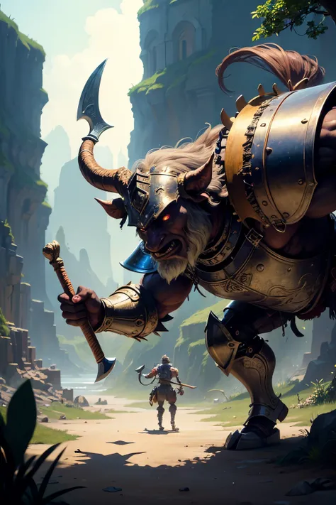 ((Highest quality)), ((masterpiece)), (detailed), An old man wearing armor in the foreground,A Minotaur swinging an axe at the back of the screen,Dungeons