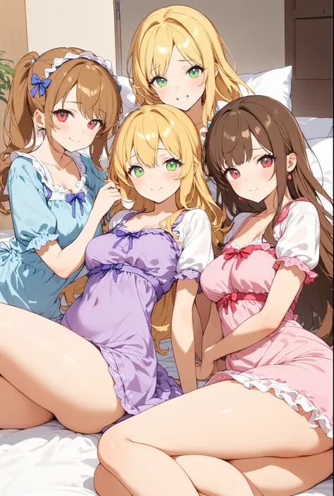 Three angel girls with long hair are lying on the bed in front of the bedroom。, multiple girls, blonde hair, Bon ,Purple Nightgown, red eyes , skirt, brown hair, shy smile, pink nightgown, green eyes, looking at the viewer, short sleeve,sex,compartment,blo...