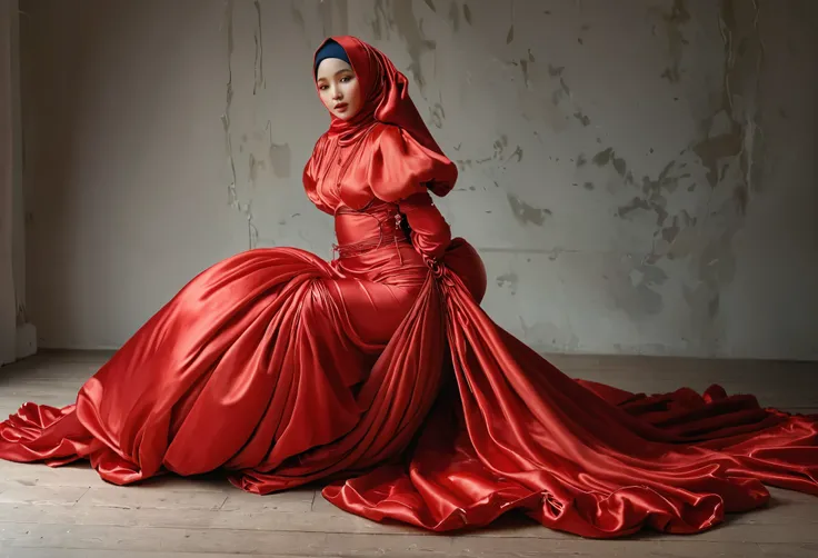 A woman shrouded in a 10-meter-long, plush red satin cloth, ballon sleeves,tight from the waist to the thighs, tightly bound and grandly draping along the form of her body, flowing off into a pooled floor-length train, styled in a mermaid-inspired outfit, ...