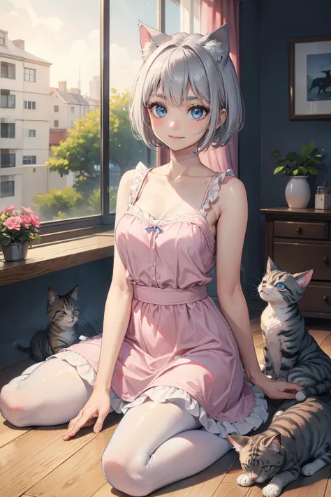 (masterpiece), (best quality), (High quality), high resolution, BREAK expressive eyes, perfect face, 1girl, grey cat ears: 1.5, medium hair, grey hair, pixie cut, BREAK, (big eyes, perfect eyes, blue eyes, thick eyelashes, thin eyebrow, BREAK short height,...