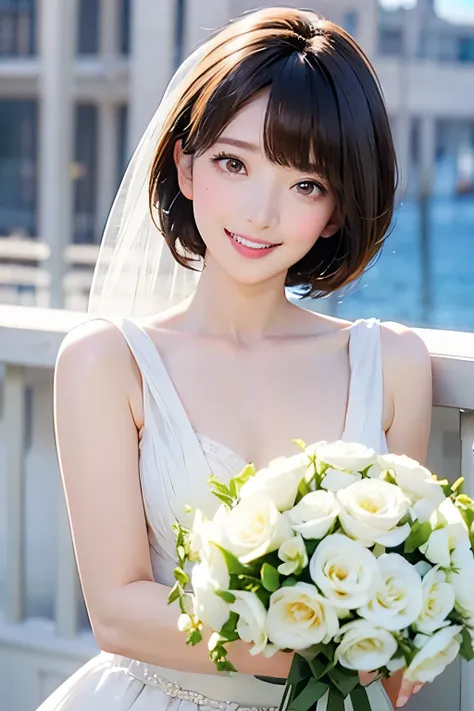 white、ocean、droopy eyes、brown eyeballs on face、smile、1 female、woman in a dress、bob hair、detailed face、clear face、((best image qu...