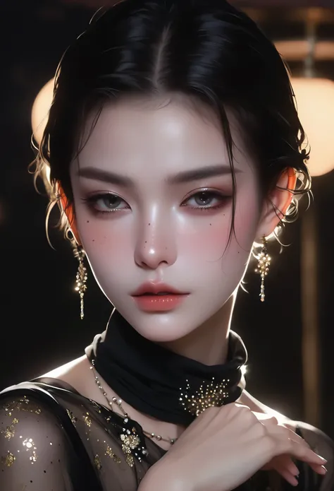 1 Girl,Solitary,Exquisite facial features,Dark eyeshadow,small freckles,Back lip,Slender neck,Hands touch chin,Exaggerated jewelry,Short and smooth hair,Detailed hair accessories,Glowing skin,High collar off-shoulder short sleeves,Looking at the camera