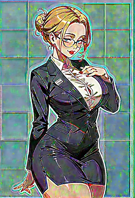 1girl, solo, female teacher, pale porcelain skin, short blonde hair in a sleek hairbun, raised eye brow, half lidded eyes, glasses, black blazer over a white blouse, busty, wearing a tight black pencil skirt, wide hips, thick thighs, large thighs, thighs p...