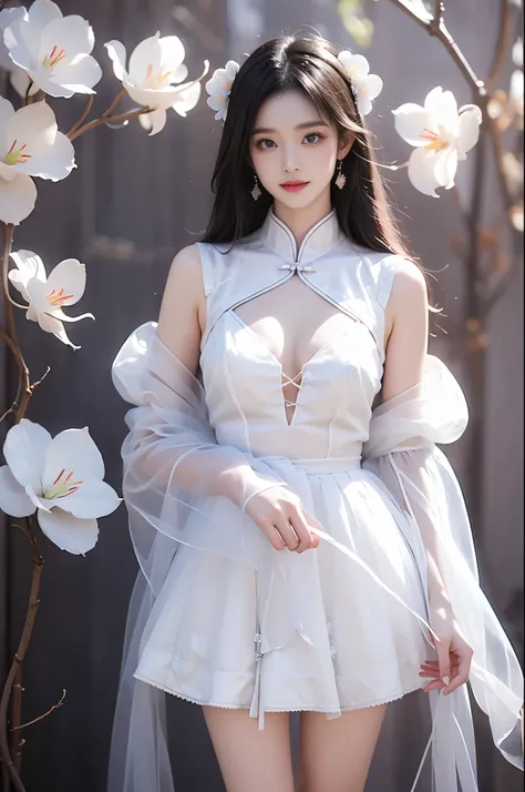 cyb dress, chinese clothes, detached collar, clothing cutout, wide sleeves, see-through sleeves, Tassel（Quality Improvement：1.4），1 Girl, Full breasts，Visible cleavage，Sexy long legs，The skirt is very short，She gently lifted her skirt with one hand,Surround...