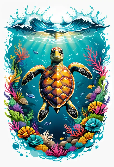  t-shirt designs, vectorial art, colorful illustration of turtle, At the center, swirly vibrant colors, sea waves, air bubbles, seaweed, Buzios, high détail, White background, t shirt design.
(Artwork, best quality, proffesional, perfect composition, very ...
