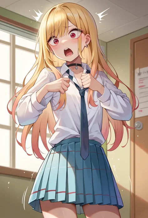 score_9, score_8_up, score_7_up, score_6_up, source anime, (loli), flat chest, nirampnxl, kitagawa marin, 1girl, solo, blonde hair, red eyes, skirt, long hair, necktie, school uniform, pleated skirt, black choker, earrings, white collared shirt, long sleev...