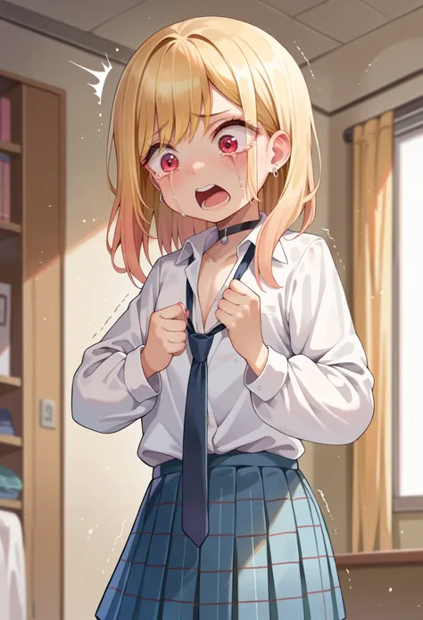 score_9, score_8_up, score_7_up, score_6_up, source anime, (loli:1.5), flat chest, nirampnxl, kitagawa marin, 1girl, solo, blonde hair, red eyes, skirt, medium hair, necktie, school uniform, pleated skirt, black choker, earrings, white collared shirt, long...