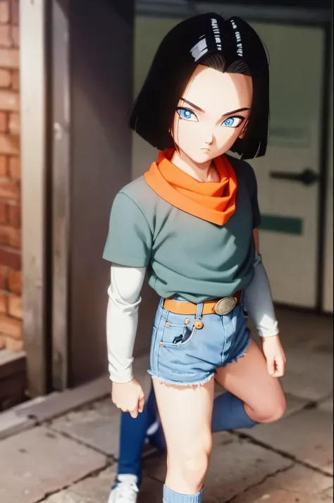 A masterpiece, best quality, detailed and expressive eyes, perfect facial features, high resolution, 1 boy, alone, android 17-inspired boy, (male body:1.3), blue eyes, black hair, parted hair, short hair, black shirt, jeans, layered shirt, white sleeves, o...