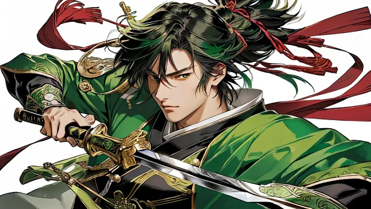 Man character with a sword and a green outfit, handsome guy in demon slayer art, inspired by Okumura Masanobu, taisho roman, male character, hijikata toushirou, sengoku - era art style, tsurumaki kazuya, shikanosuke yagaki, key art, akiyuki shinbou