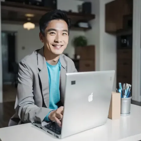 a smiling man in his 30s wearing a suit and sitting at a table with a laptop, laptop on your lap, in front of the computer, work...