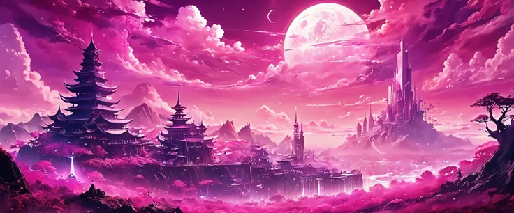 anime fantasy world magic full color,imaginary world,Pink tones