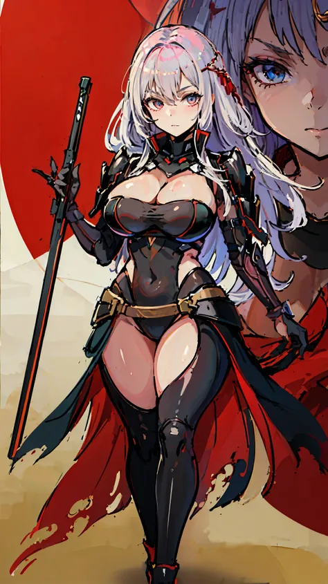 (Highest quality, 8k, masterpiece :1.3),Black Red Lotus,Nike, Goddess of Victory, One Woman,Voluptuous body,Perfect Anatomy,Silver Hair,No mismatch with the background,,Beautiful Eyes,Large Breasts,tall