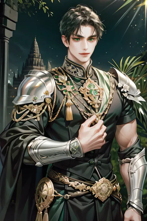 Best Quality, just 1Male, dark black wavy short hair, light green eyes, sixpack body,  masculine face, stern look, smile, black armor suit, javanese warrior knight, arhery, prambanan temple background, Masterpiece Body, Accurate, High definition