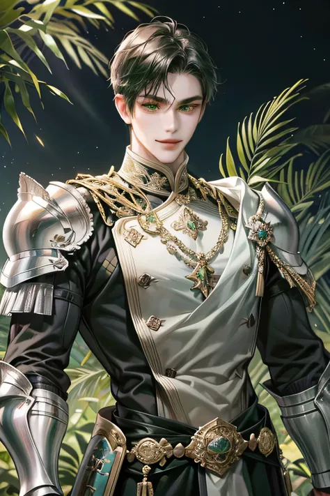 Best Quality, just 1Male, dark black wavy short hair, light green eyes, sixpack body,  masculine face, stern look, smile, black armor suit, javanese warrior knight, arhery, prambanan temple background, Masterpiece Body, Accurate, High definition