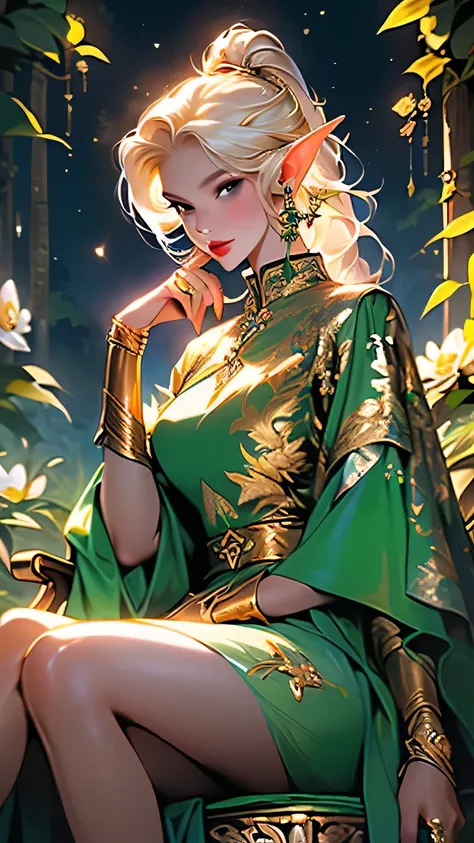 (((masterpiece, Highest quality, High resolution, Attention to detail)))), One, ((Fantasy)))), (Elf Woman)))), (White short skirt with gold embroidery), (Long blonde ponytail：Dumpling１), (Shiny, dark black eyes), (Green surcoat with gold embroidery), big, ...