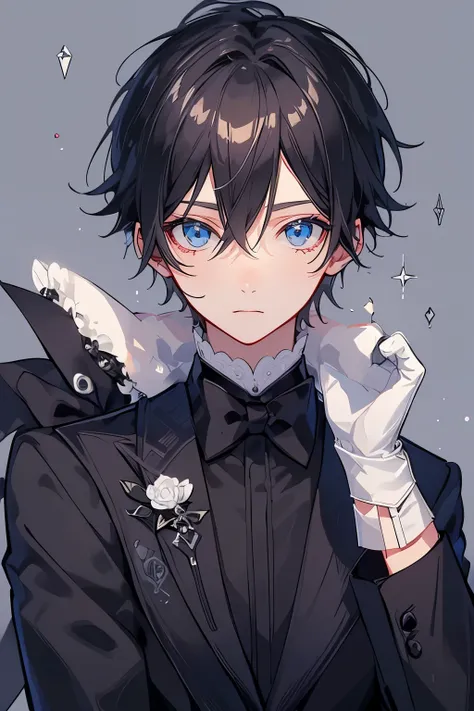 (Mastepiece)、(Best Quality)、Very detailed、((One man:1.5))、Perfect Face、Beautiful Face、Very detailedな顔、(Black Hair:1.3)、Black butler uniform、(White gloves:1.3)