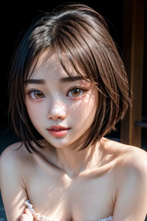 Highest quality, Face Focus, Soft Light, Ultra-high resolution, (Realistic:1.4), RAW Photos, 1 Japanese girl, alone, cute, (A shy smile:0.5), (Brown eyes, Light in your eyes), Beautiful face in every detail, (Small box),(High resolution detail of human ski...