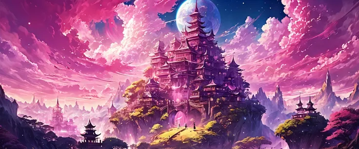 anime fantasy world magic full color,imaginary world,Pink tones