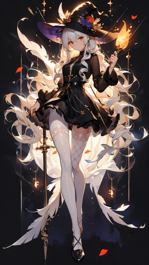 Perfect quality，Perfect body proportions，Long legs，Temperamental elder sister，Halloween，Witch Hat，Holding a staff，whole body，Long curly hair，Standing picture，White，feather，Leaves，Petals falling，sexly, See-through pantyhose，Fishnet stockings，transparent