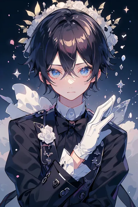 (Mastepiece)、(Best Quality)、Very detailed、((One man:1.5))、Perfect Face、Beautiful Face、Very detailedな顔、(Black Hair:1.3)、Black butler uniform、(White gloves:1.3)