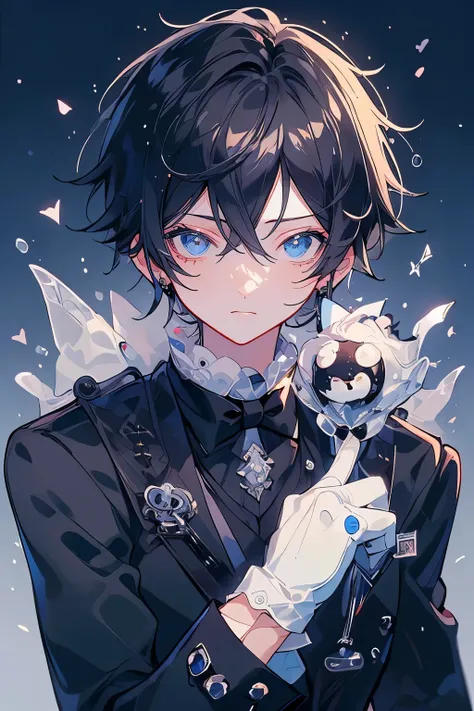 (Mastepiece)、(Best Quality)、Very detailed、((One man:1.5))、Perfect Face、Beautiful Face、Very detailedな顔、(Black Hair:1.3)、Black butler uniform、(White gloves:1.3)