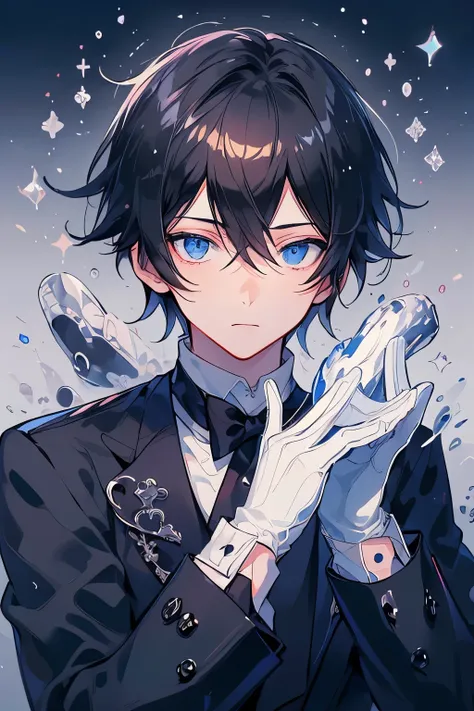 (Mastepiece)、(Best Quality)、Very detailed、((One man:1.5))、Perfect Face、Beautiful Face、Very detailedな顔、(Black Hair:1.3)、Black butler uniform、(White gloves:1.3)