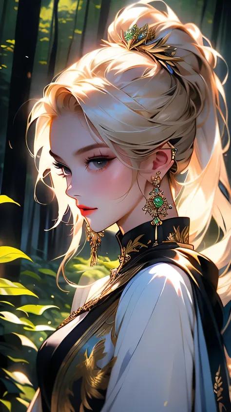 (((Upper body portrait)))､(((masterpiece, Highest quality, High resolution, Attention to detail)))), One, ((Fantasy)))), (A peerless beauty)))), (White short skirt with gold embroidery), (Long blonde ponytail：Dumpling１), (Shiny, dark black eyes), (Green su...