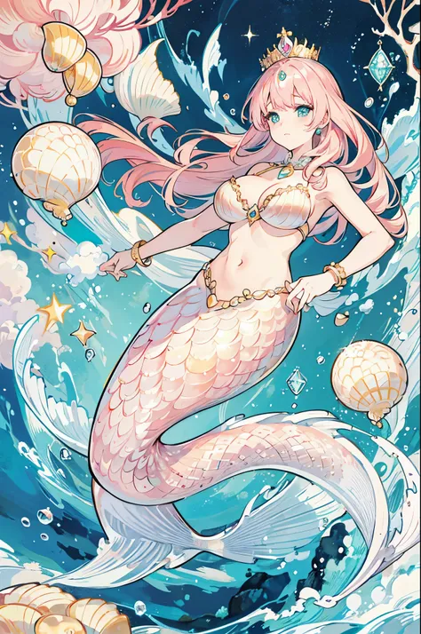 women are,Golden pink hair,mermaid,platinum scales,huge ,小mermaid,shell bra,Princess Crown,Pearl decoration,gem,Undersea background,In the water