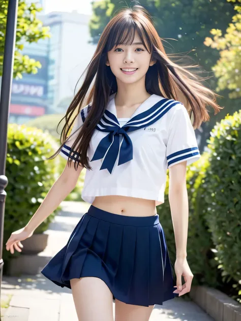 photorealistic, extremely delicate and beautiful, ultra-detailed,(best quality, 8k, 32k, masterpiece, UHD:1.2), Photo of 17yo erotic cute Japanese model running through the scramble crossing in Shibuya with many schoolgirls, summer sailor costume school un...