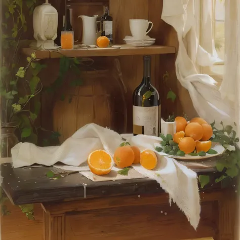 Picture of a table with a plate of oranges and a bottle of wine, ポール・Caesanneによる, ポール・Caesanneによる, Caesanne風, Caesanneによる, inspired ポール・Caesanneによる, Caesanne, still life with white vase, inspired Caesanneによる, still life, inspired ポール・Caesanneによる, a still l...