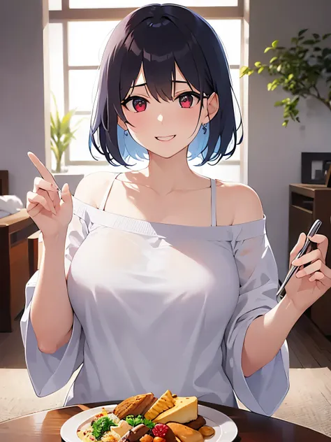 holding food on a plate、Biologically correct five fingers、mature female、big breasts, Upper Body, (pale skin:1.2), shiny skin, shiny hair、(A woman in her 40s) and (bob cut) and (wavy hair) and (hair between eyes) and (black hair) and (red eyes), (white) and...