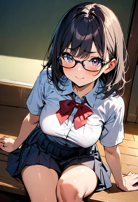 masterpiece, best quality, perfect lighting, high resolution, 1 girl, nerd, nerdy girl, beautiful, average bust, glasses, school uniform, skirt, knee socks