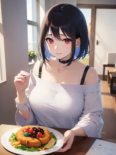 holding food on a plate、Biologically correct five fingers、mature female、big breasts, Upper Body, (pale skin:1.2), shiny skin, shiny hair、(A woman in her 40s) and (bob cut) and (wavy hair) and (hair between eyes) and (black hair) and (red eyes), (white) and...