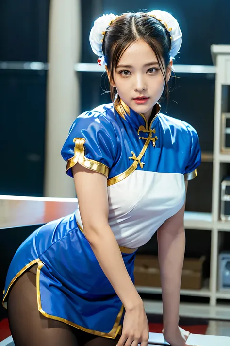 chun-li from street fight ii,the perfect chun li outfit,blue cheongsam with gold lines,bun head,covers well,fighting posture,mas...