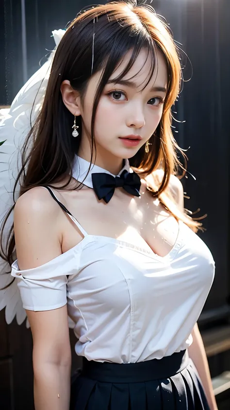 (masterpiece, Highest quality:1.2), 8k, Official Art, RAW Photos, Unbelievably absurd, (Upper Body, Seraphim:1.4), beautiful girl, 1、Cute Face, Arched back, Navy Pleated Skirt, close, Short sleeve, Gardenia, Viola Lace, 10 generations, street, Looking at t...