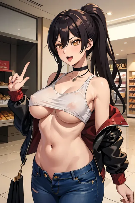 1girl, shirase sakuya, high ponytail, long hair, blush, lipstick, long hair, Hot girl, baddie, staring, glaring, bad attitude, mean girl, crazy, smoking, mall, shopping center,indoors, smile, open mouth, masterpiece,high quality,4k, bare shoulder,belly,cro...