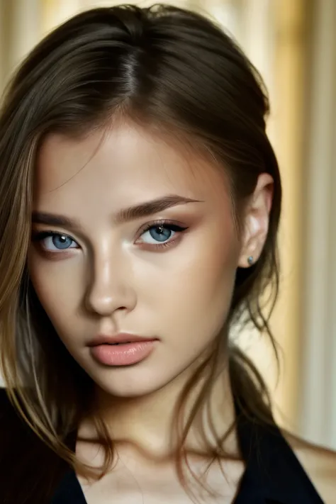 ViktoriaTishko, focus on eyes, close up on face, pouting, wearing jewelry, color canary hair styled bedhead hair