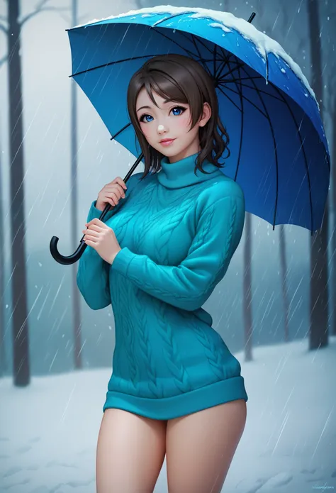 (Masterpiece), 8k wallpaper, solo, realistic, Watanabe you, standing, sweater, thighs, holding umbrella, snow rain,blue eyes, beautiful detailed face and eyes , Asian Girl