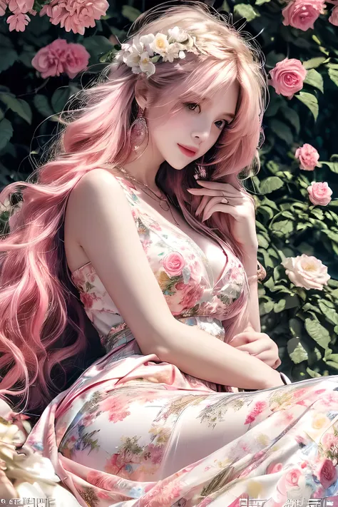 8k, (masterpiece, Absurd quality, Highest quality, Official Art, beautifully、aesthetic:1.2), Professional, Bright colors, Soft lighting, Octane Rendering, beautiful really long Moneyen pink haired woman, Curtain Fringe, Yellow Eyes, Lying in the flower bed...