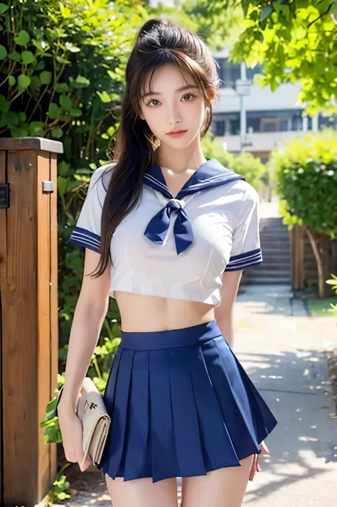 (Ultra HD), (Looking at me), (The whole body is shown), (Short-sleeved sailor uniform, Navy blue low-rise mini skirt), (Big Breasts:1.2), Super beautiful breasts, slender, Narrow waist, (Thin legs:1.2), (Thin thighs:1.2), (Thin Hips:1.4), (Beautiful Skin, ...