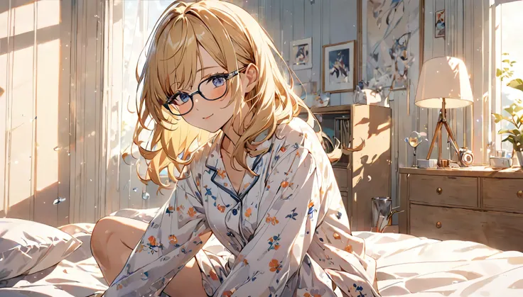 (Blonde and bespectacled woman), (Listening to background music in the bedroom with the morning light streaming in), (Very detailed, masterpiece, Highest quality, bright), (Anime Style)
background: A bedroom with gentle morning light pouring in: Calm eyes ...