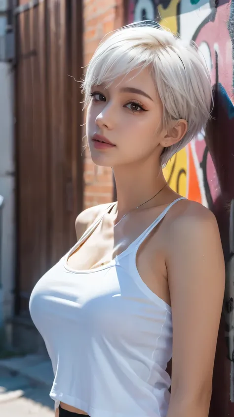 masterpiece, Highest quality, Very detailed, 8k, Realistic, One Girl, alone, Tomboy, Very detailed face, (head shot:1.5), Standing in front of a wall covered in hip hop graffiti, Pixie cut white hair, He is wearing a short tank top,I can see your chest,Nic...