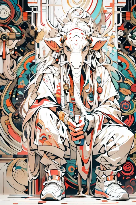 1 Ganesha statue wearing white techwear, long white hair, shoelace, Abstract vintage sci-fi background, Artwork by Möbius, Art by Ashley Wood