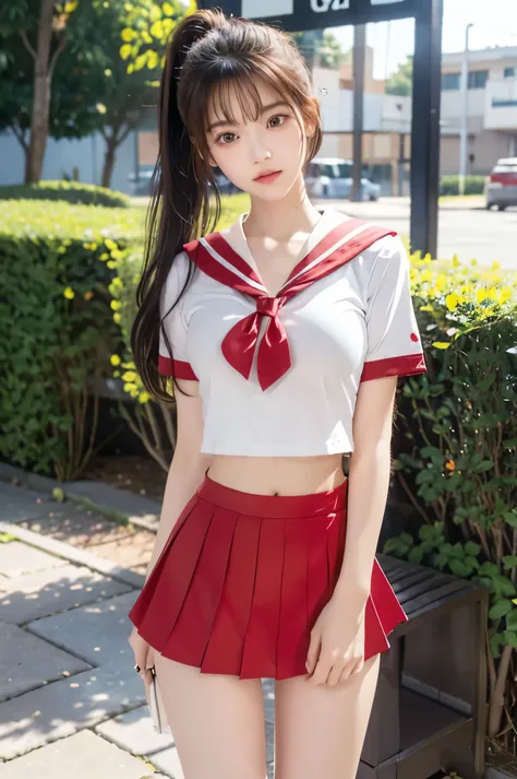 (ultra hd), (looking at me), (the whole body is shown), (red short-sleeved sailor suit:1.2, red low rise mini skirt), big breast...